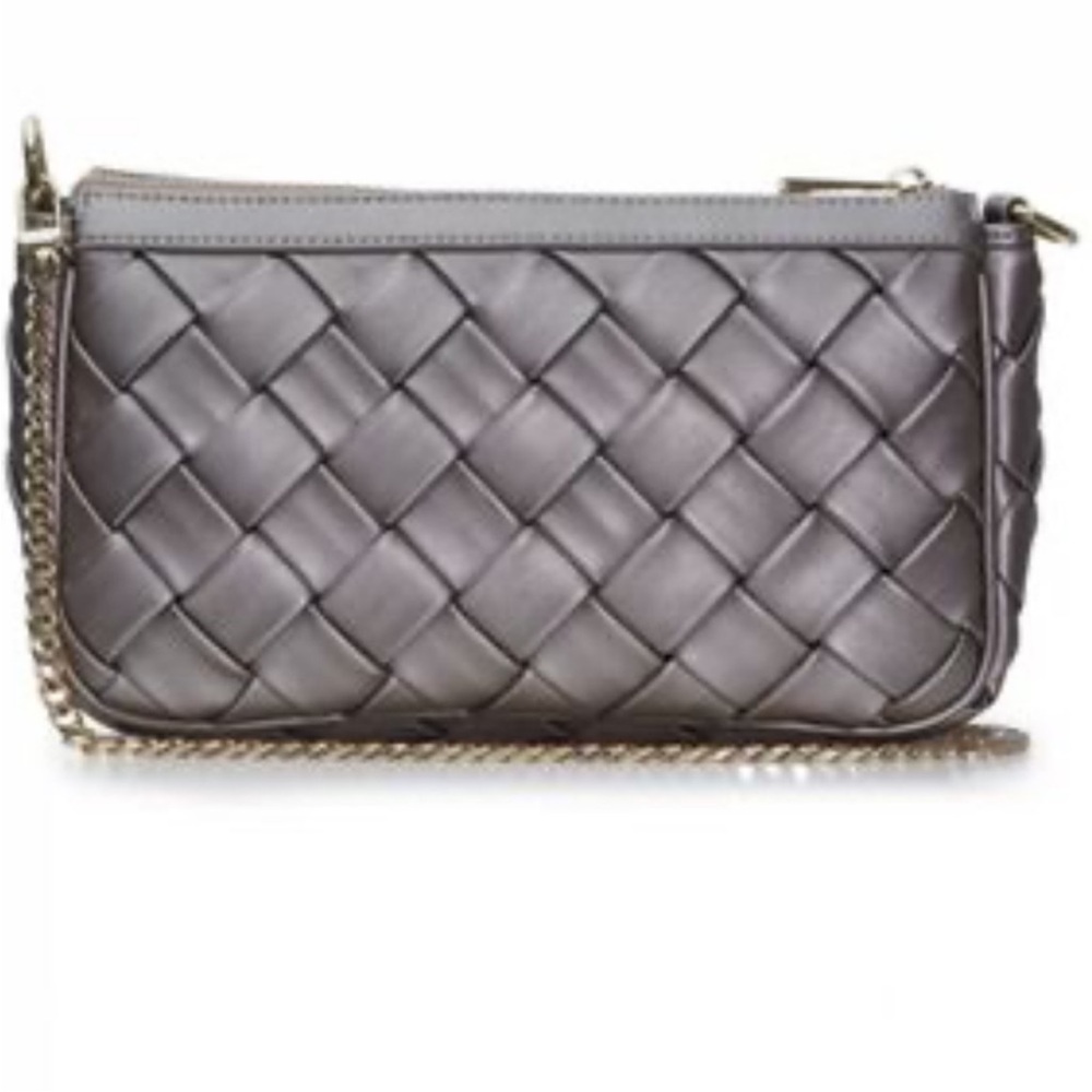 Jules Kae Metallic Silver Woven Shoulder Bag Gold Chain Clutch Purse OS